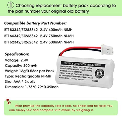 iMah BT162342/BT262342 2.4V 300mAh Ni-MH Cordless Phone Battery Pack, Also Compatible with BT183342/BT283342 AT&T EL52351 TL90070 VTech CS5119 DS6511 DS6722 LS6305 Handset, 5-Pack