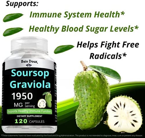 1950mg Soursop Graviola Capsules (Guanábana) Organic Leaves Powder Rich in Powerful Anti-Oxidants - 120 Capsules 40 Servings