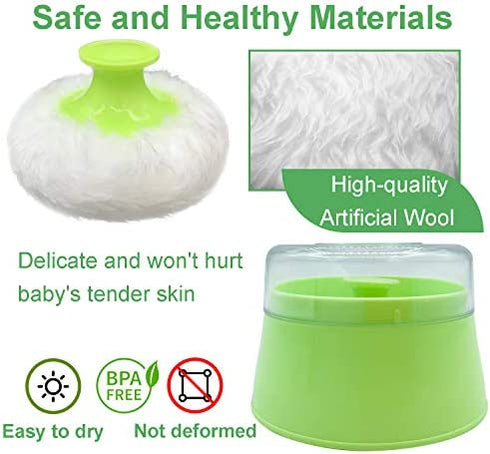 BPA Free Baby Powder Puff Box, Large 2.8" Fluffy Body After-Bath Powder Case, Baby Care Face/Body Villus Powder Puff Container, Makeup Cosmetic Talcum Powder Container with Hand Holder (Green)
