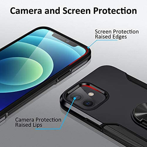 Charlam Compatible with iPhone 12 Case, Compatible with iPhone 12 Pro Case 6.1 Inch 2020 for Men, Scratch-Resistant Shock-Absorbing Protective Bumper Cases Cover with Ring Holder Kickstand, Black