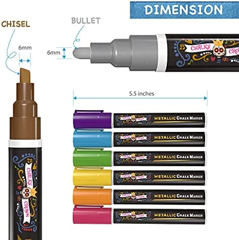 Metallic Liquid Chalk Markers - Dry Erase Marker Pens - Chalk Markers for Chalkboards, Signs, Windows, Blackboard, Glass - Reversible Tip (8 Pack) - 24 Chalkboard Labels Included (Metallic, 6mm)