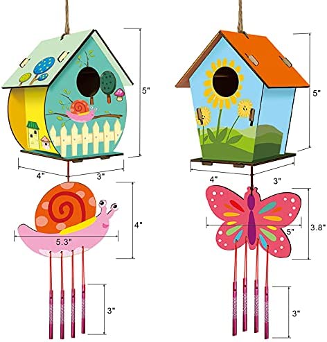 HOME COMPOSER 4 Pack DIY Bird House Wind Chime Kits for Children to Build and Paint, Wooden Arts and Crafts for Kids Girls Boys Toddlers Ages 8-12 4-6 6-8, Paint Kit Includes Paints & Brushes