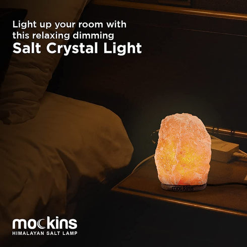 Mockins 6-8" Tall 5-7 lbs Natural Hand Carved Himalayan Salt Lamp with Dimmer Cord & Beautiful Wood Base - Includes Extra Light Bulb | Authentic from The Himalayan Mountains in Pakistan