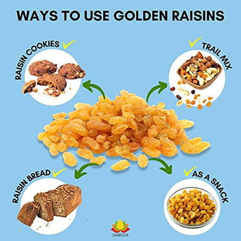 Amrita Golden Raisins 1 lb | No Added Sugar, Naturally Sweet, Gluten Free Dried Sultanas, Kishmish | Packed Fresh in Resealable Bags | Yellow Raisins, White Raisins, Vegan Snacks, Healthy Snacks
