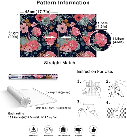 HAOKHOME 93005-1 Peel and Stick Modern Floral Wallpaper Pink/Green/Navy/Orange Vinyl Self Adhesive Prepasted Decorative 17.7in x 9.8ft