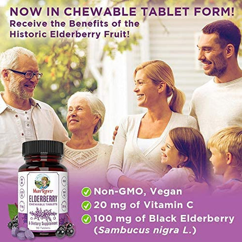 Elderberry + Vitamin C Chewable Tablets by MaryRuth's | Up to 3 Month Supply | Black Elderberry for Immune Support | Sambucus Black Elderberry for Overall Health | Gluten Free | Non-GMO | 90 Servings