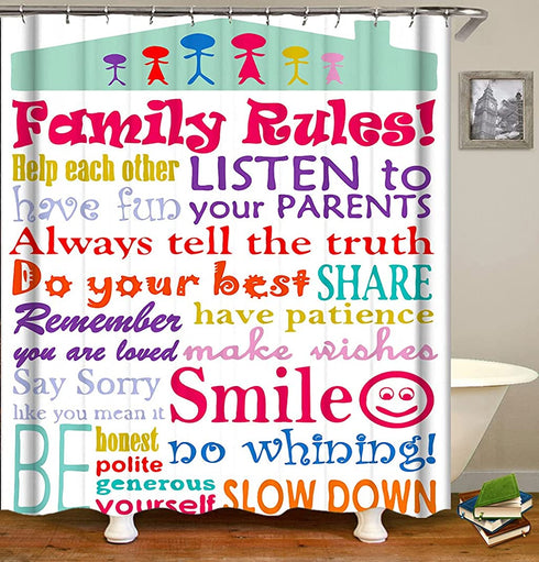 Raymall Family Rules Shower Curtain Child Educational Word Cloud 72x72 Inch Polyester Fabric with Hooks for Boys Kids Bathroom Decor