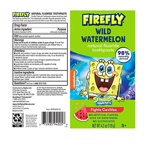 FIREFLY Spongebob Natural Anticavity Fluoride Toothpaste Flavor, Wild Watermelon, 4.2 Ounce (Pack of 1)