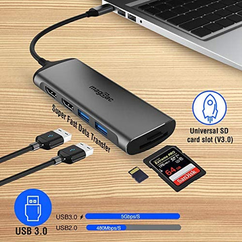 USB C Dock Laptop Docking Station Dual Monitor Triple Display with 4K HDMI, 2 USB 3.0 Ports, SD/TF Slots and PD 100W Charging Port, 7 in 1 Hub for HP/Dell/XPS/Lenovo/MacBook Pro Full-Featured Laptops