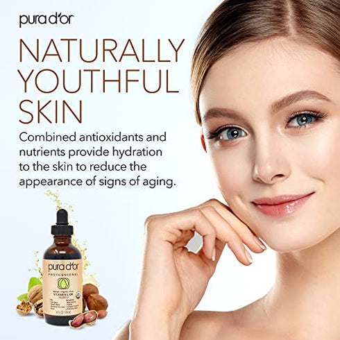 PURA D'OR Organic Vitamin E Oil Blend (4oz / 118mL) 70,000 IU 100% Pure Natural Hexane Free - Sweet Almond, Apricot, Jojoba, Argan, Rosehip, Sunflower & Avocado Oil For Scars, Skin, Face, Bath & Body