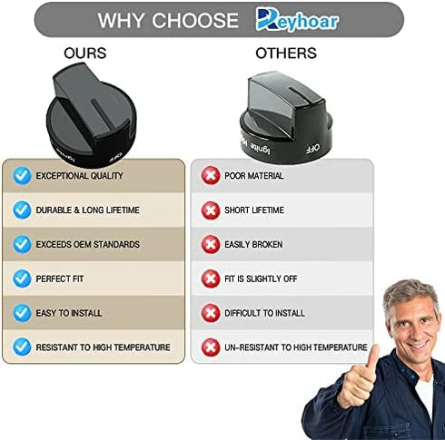 Reyhoar (4 Pack) W10339442 Gas Range Knob Black Replacement Part for Whirlpool Range/ Stove/ Oven- Replaces WPW10339442, PS3507188