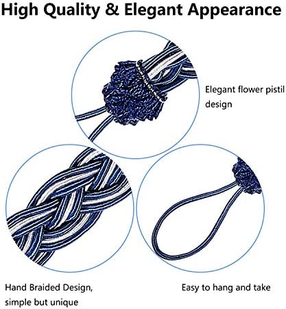 2 Pieces Braided Curtain Tiebacks Rope Belt Curtain Ties and 2 Pieces Hooks Metal Curtain Tieback Hooks for Window Curtain Accessories (Navy Blue and Silver)