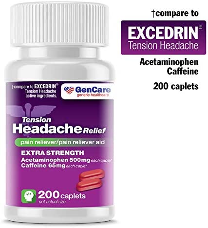 GenCare - Tension Headache Relief Pain Reliever with Acetaminophen 500 mg and Caffeine 65 mg (200 Caplets) Value Pack | Extra Strength for Head and Body Aches | Generic Excedrin Tension Headache