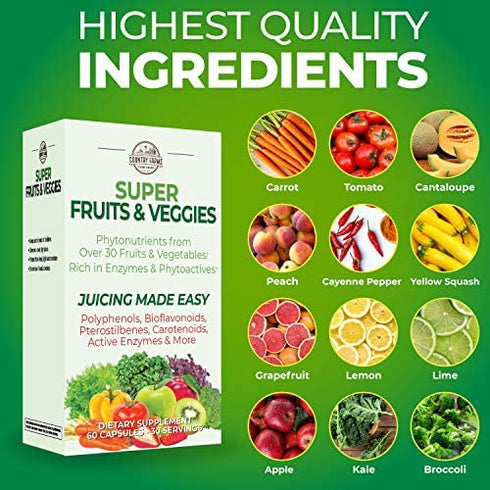 Country Farms Super Fruit and Veggies Capsules, 30 Fruits and Vegetables, 30 Servings, 60 Count (Pack of 1)