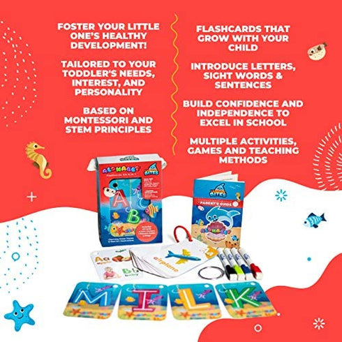 A Baby Shark Adventure - ABC Phonics Flash Cards Complete Set - Learn to Speak, Read and Write - Build First Words, Sight Words, and Phrases - Bonus: 4 Dry Erase Markers, 2 Rings, Parent's Guide Games