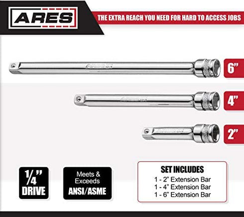 ARES 70243 - 3-Piece 1/4-Inch Drive Socket Extension Set - Includes 2-Inch, 4-Inch and 6-Inch Extensions - Premium Chrome Vanadium Steel with Mirror Finish
