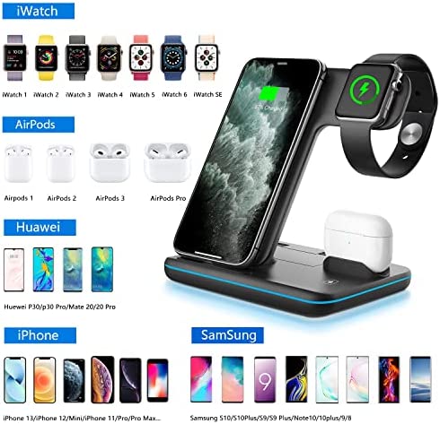 WAITIEE Wireless Charger 3 in 1, 15W Fast Charging Station for Apple iWatch 6/5/4/3/2/1,AirPods Pro,for iPhone14/13 Pro/Pro Max/12/11/X/Xr/Xs/8/Samsung Galaxy Phone Series (No Watch Charging Cable)