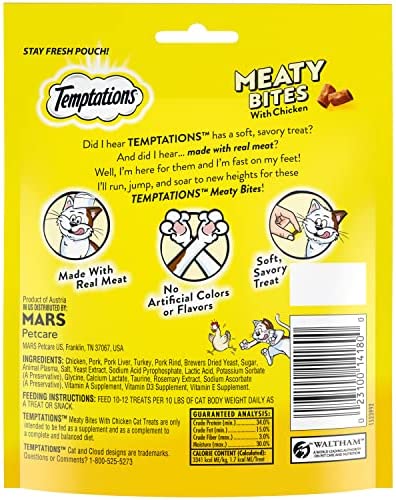 Temptations Meaty Bites, Soft and Savory Cat Treats, Chicken Flavor, 4.12 oz. Pouch
