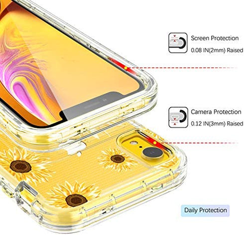 GUAGUA iPhone XR Case Sunflower Clear Floral Flowers for Girls Women 3 in 1 Hybrid Hard Plastic Soft Rubber Cover Shockproof Protective Phone Cases for iPhone XR 6.1-inch Transparent Yellow