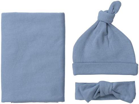 Newborn Baby Girl Boy Swaddle Wrap Blanket Sleeping Bag+Headband +Hat 3pcs Outfits Set (Gray-Blue, One size)