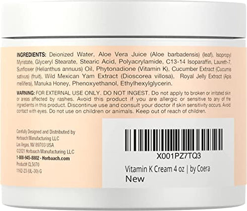 Vitamin K Cream 4 oz | Premium Formula for Bruises, Spider Veins, Dark Circles, Broken Capillaries, Eyes, and Face | Paraben and SLS Free | by Coera