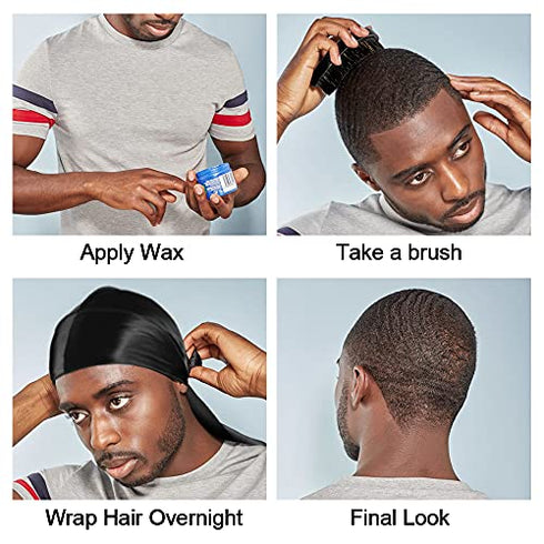 3pcs Silky Durag with Wave Brush for Men 360, Curved Medium/Hard Hair Brush Kits,A