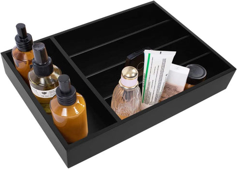 Silverware Utensil Tray Wooden Cutlery Drawer Dividers 5 Compartments Flatware Organizer Storage Holder Bamboo Flatware Organizer for Kitchen Office Supplies Cosmetics (Black)(Black)