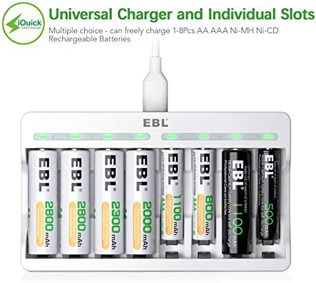 EBL 8 Bay AA AAA Battery Charger - Individual Battery Charger with 5V 2A Fast Charging Function for Ni-MH Ni-CD AA AAA Rechargeable Batteries