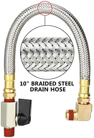 HK Extended Tank Drain Assembly Kit with 10 Inch Braided Steel Hose 1/4 Inch Drain Valve and Elbow Fitting for Air Compressor