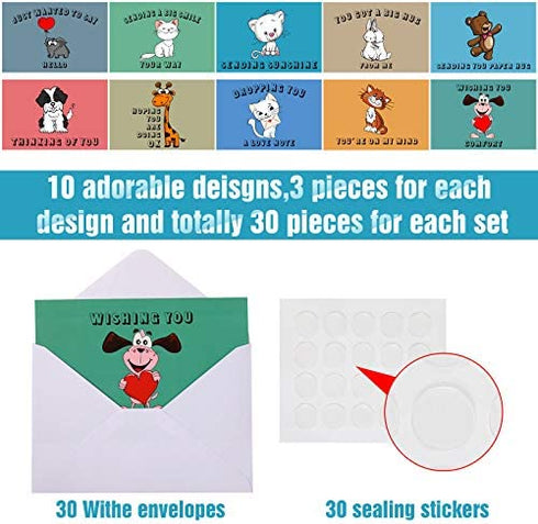 30 Pieces Cards Cute Animal Cards Thinking of You Greeting Cards Assortment, Miss You Cards with Envelopes Friendship Blank Greeting Cards for All Occasions, 10 Designs (Animal Style)