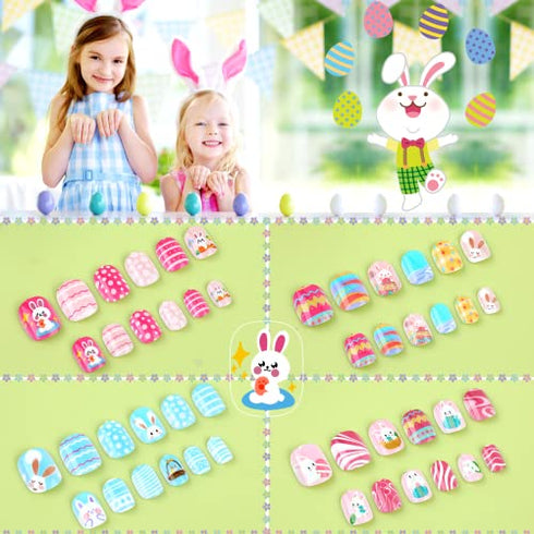 96Pcs Easter Fake Press on Nails for Kids Pre-glue Short Full Cover False Nail Tips Stick on Nails for Children Lovely Gift Girls Nail Art Decoration (Easter Theme)