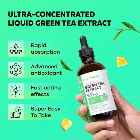 Green Tea Extract - 1000mg - 50% EGCG - Green Tea Liquid Drops, 4x more Powerful than Pills & Capsules - 2oz. Antioxidant & Immune Supplement - Vegan Skin & Heart Support + Brain Health & Memory Boost