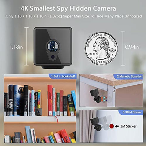 Jayol 2022 Hidden Camera Detector, Mini Spy Camera with Audio, HD 4K Wireless Hidden Live Stream, Night Vision and Motion Activated Spy Cam Nanny Cam, Security Camera for Home and Outdoor