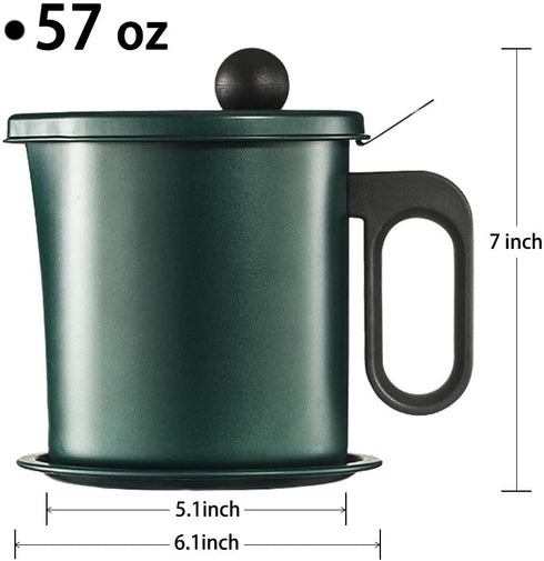 Bacon Grease Container,Oil Container Kitchen,Grease Can for Kitchen with Strainer, anti-scald handle and anti-slip coasters,Suitable for Storing Frying Oil(7 Cup Capacity, Green)