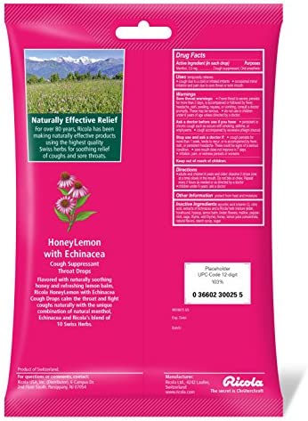 Ricola Cough Suppressant Throat Drops, Honey Lemon with Echinacea, 45 Drops, Fights Coughs Naturally, Soothes Sore Throats