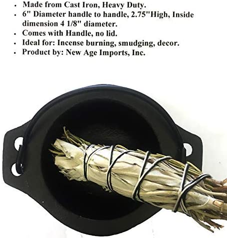 Cast Iron Cauldron w/handle, ideal for smudging, incense burning, ritual purpose, decoration, candle holder, etc. (6"Diameter handle to handle, Inside Diameter 4 1/8")