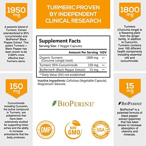 Turmeric Curcumin with BioPerine 95% Curcuminoids 1950mg - Natural Joint & Healthy Inflammatory Support, Black Pepper for Max Absorption, Nature's Tumeric Extract Supplement - 60 Capsules