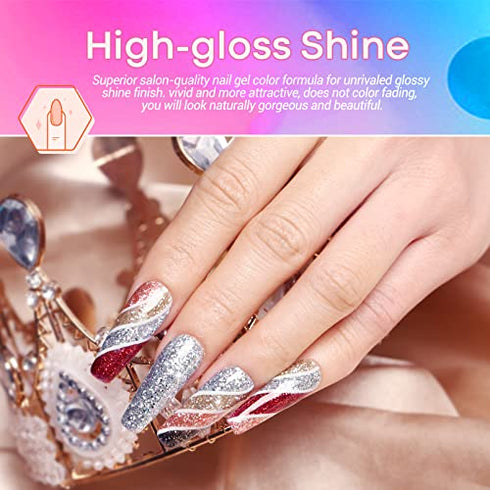 Modelones Glitter Gel Nail Polish - 6 Colors Sparkle Red Pink Purple Gel Polish Set Gel Blue Gold Silver Fingernail Polish Set Holiday Gel Collection of Manicure Starter Kit in Gifts for Women Package