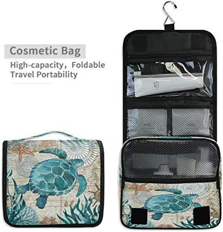 Sea Turtle Retro Map Hanging Toiletry Bag Ocean Nautical Makeup Bag Travel Cosmetic Bag Pouch Waterproof Accessories Organizer Large Portable Wash Gargle Bag for Women Girls Kids Gifts