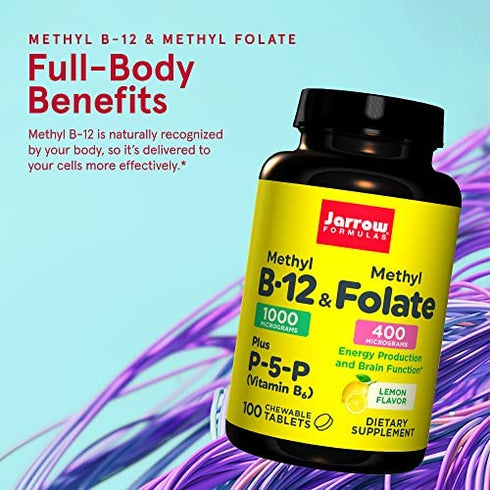 Jarrow Formulas Extra Strength Methyl B-12 & Methyl Folate-100 Chewable Tablet, Lemon Flavored-Bioactive Vitamin B12 & B9-Cellular Energy & Cardiovascular Support- Non-GMO & Gluten Free