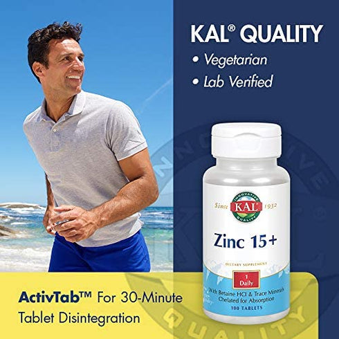 Kal 15 Mg Zinc Chelated Plus Tablets, 100 Count