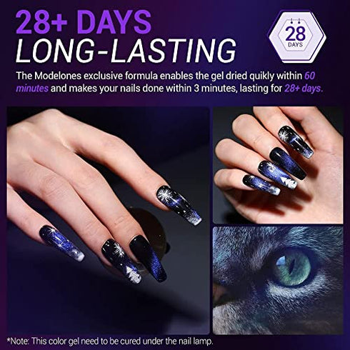 modelones 9D Cat Eye Gel Nail Polish Set - 2 Pcs Black Blue Chameleon Magnetic Galaxy Glitter Galactic Effect Magic Gel Polish with Magnet Stick Soak Off LED Gel Nail Polish Nail Art 7ML