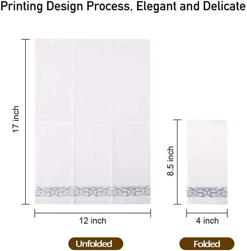 JOLLY CHEF 100 Disposable Hand Towels , Soft and Absorbent Line-Feel Dinner Napkin, Elegant Decorative Paper Guest Towels for Kitchen, Bathroom,Weddings,Parties, Silver and White