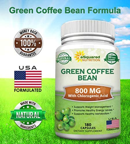 Natural Green Coffee Bean Formula - 180 Capsules - Max Strength GCA Antioxidant Cleanse for Pure Weight Loss, 800mg per Pill - with Chlorogenic Acid - 1600mg Daily Supplement, Healthy Fat Burner