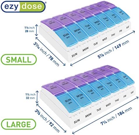 EZY DOSE Weekly (7-Day) AM/PM Pill Organizer, Vitamin and Medicine Box, Large Pop-out Compartments, 2 Times a Day, Blue and Purple Lids