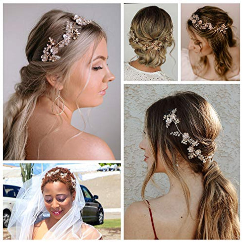 SWEETV Rose Gold Wedding Headband for Bride, Floral Bridal Headband Rhinestone Headpiece Wedding Hair Accessories