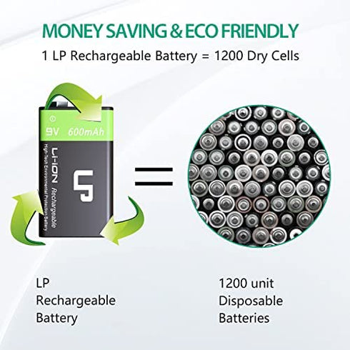 LP 9V Rechargeable Battery Charger Pack, 4-Pack 600mAh 9 Volt Li-ion Batteries & 4-Bay Battery Charger for Alarms, Wireless Microphones, Smoke Detectors, Toys, Flashlights, Guitar, Keyboard & More