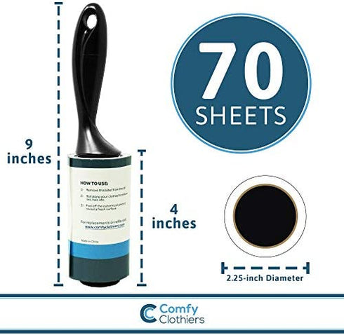 Sticky Tape Lint Roller for Clothes (2-pk) - Removes Dust & Lint from Clothing (140 Sheets Total - 2 Rolls with 70 Sheets Per Roll) by Comfy Clothiers