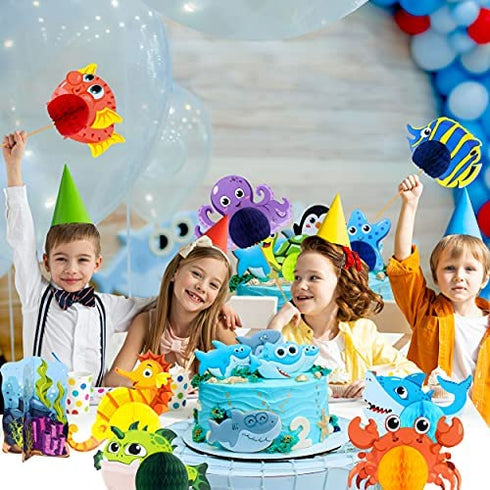 15 Pieces Sea Animal Honeycomb Centerpiece, Ocean Themed Marine Creature Decoration Table Honeycomb Party Supplies for Party Table, Birthday, Baby Shower Blue