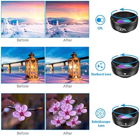 Criacr Phone Camera Lens, 210 °Fisheye Lens + 120 °Wide Angle + 25X Macro + 2X Telephoto + Star Lens + CPL + 6 Kaleidoscope 7 in 1 Phone Lens Kit Compatible with iPhone/Samsung/Google Pixel etc